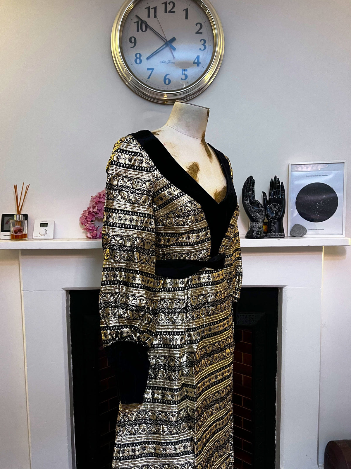 Vintage Tunic & Trousers Jean Varon Black Gold Gold Brocade Velvet Dress and Velvet Trousers 34 UK 8, black gold dress, little black dress,