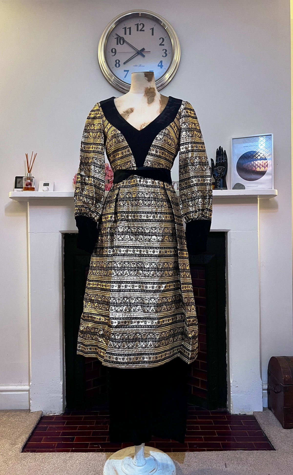 Vintage Tunic & Trousers Jean Varon Black Gold Gold Brocade Velvet Dress and Velvet Trousers 34 UK 8, black gold dress, little black dress,
