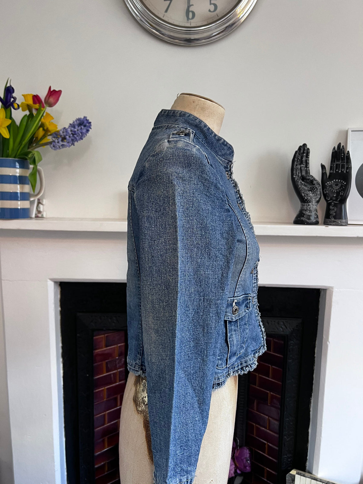 1980s Kids Denim Jacket: Fitted Mandarin Collar, Stonewash Blue, Frayed Hem (100% Cotton)