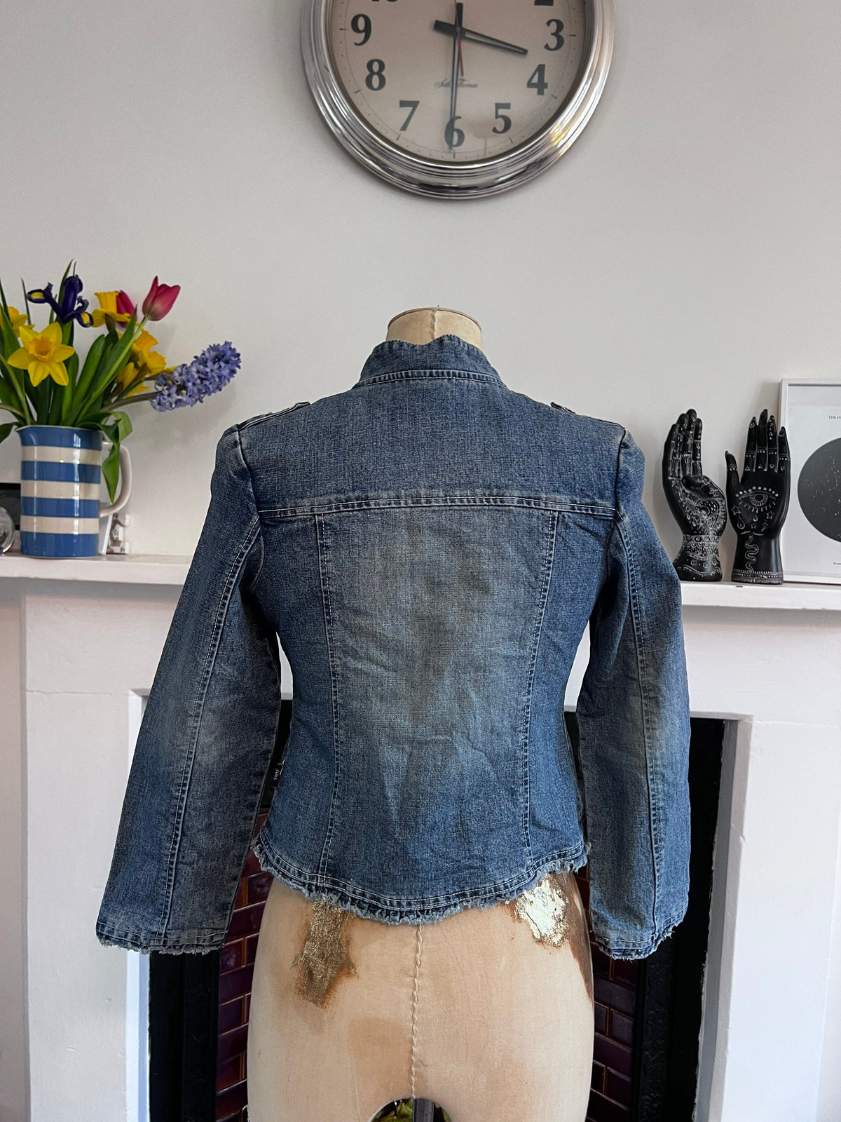1980s Kids Denim Jacket: Fitted Mandarin Collar, Stonewash Blue, Frayed Hem (100% Cotton)