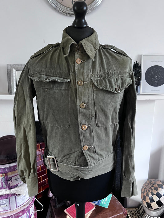 1952 British Military Denim Blouse | Korean War Era Olive Green Workwear