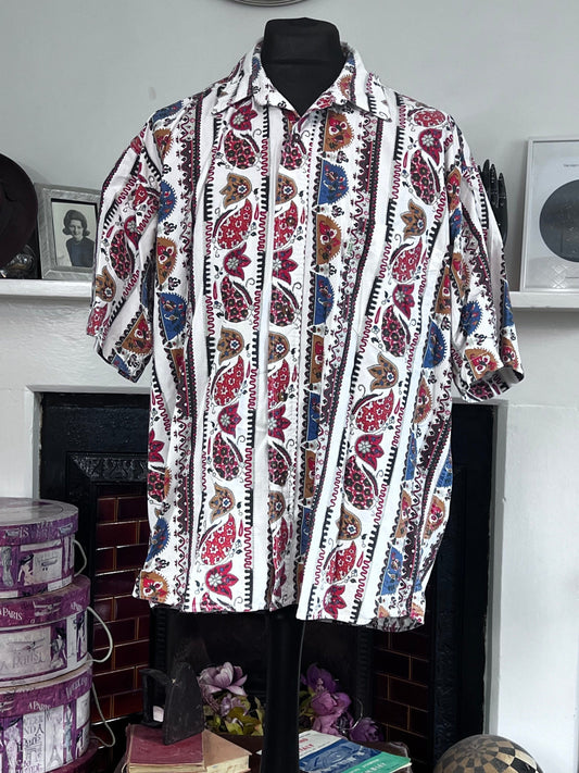 1990s A Cause Des Garçons Mens Shirt: Paisley Floral Stripe, Oversized Button-Up