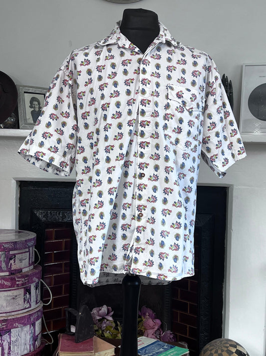 Vintage 1990s A Cause Des Garçons Mens Shirt: White Floral Print, Oversized Button-Up
