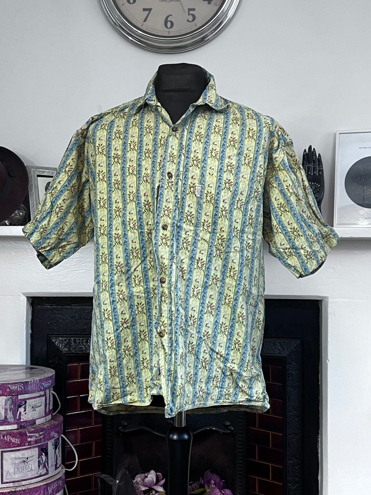 1990s A Cause Des Garçons Mens Shirt: Green Yellow Floral Stripe, Oversized Button-Up