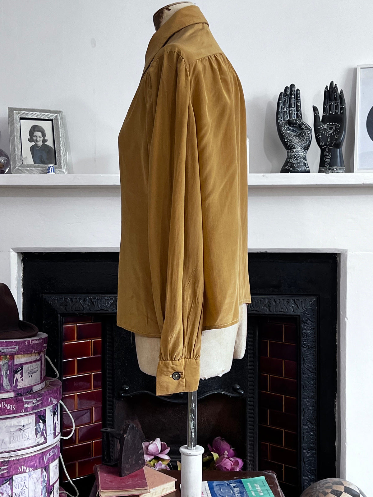 Vintage Silk Blouse, mustard shirt, Sleeve oversized mustard silk vintage shirt, vintage blouse, vintage top, silk shirt, vintage silk top,