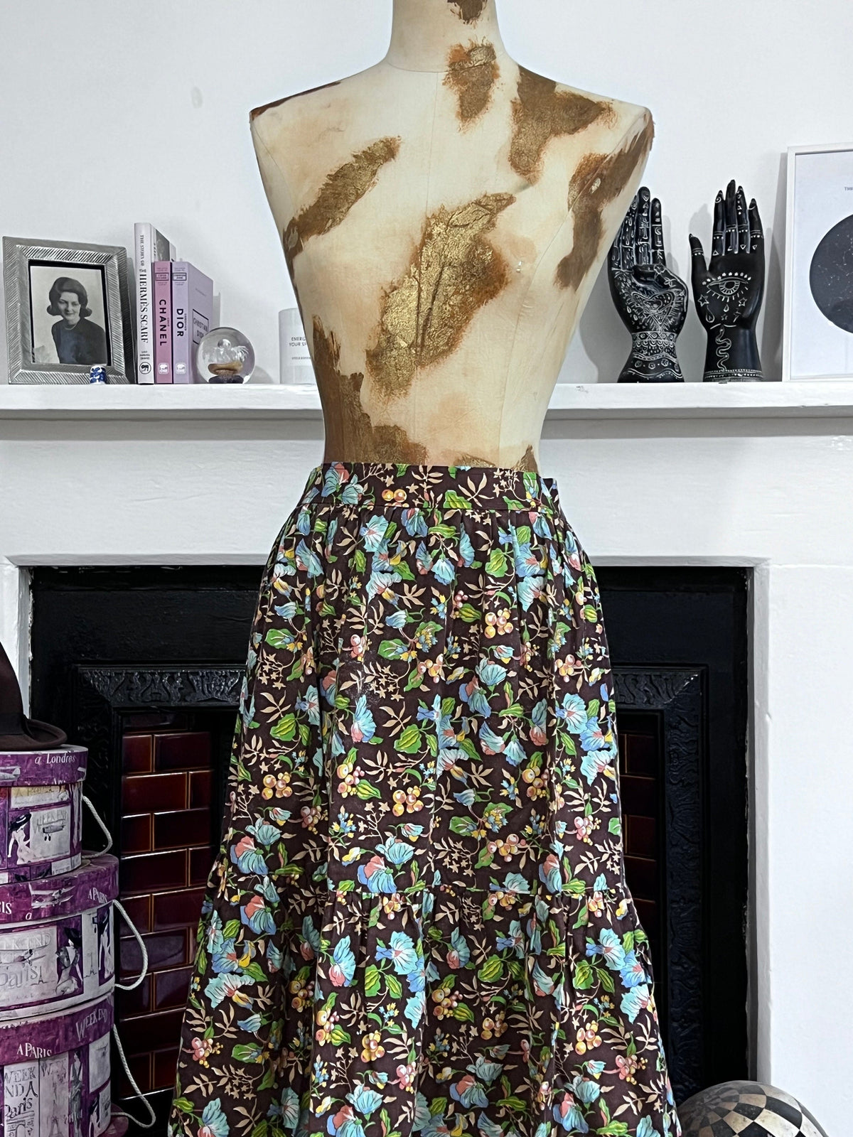 Vintage Skirt Brown Floral Leaf Liberty Fabric Handmade Skirt knee Length Blue Brown Green Floral Vintage Libert fabric handmade skirt 1970