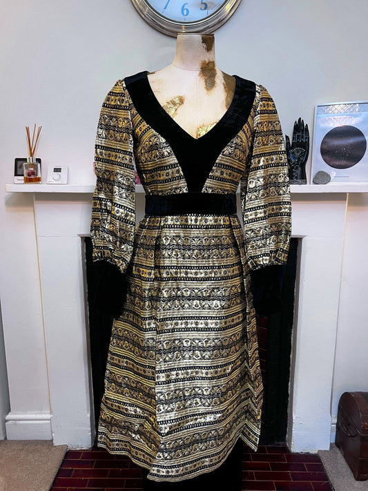 Vintage Tunic & Trousers Jean Varon Black Gold Gold Brocade Velvet Dress and Velvet Trousers 34 UK 8, black gold dress, little black dress,