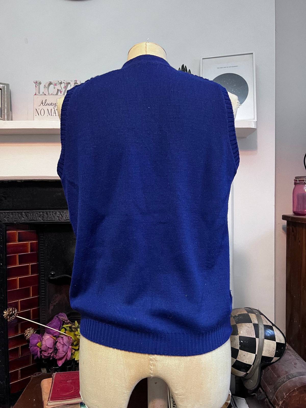 Vintage 1970s Royal Blue Sweater Vest | Cable Knit Button Front Waistcoat | Sleeveless Cardigan