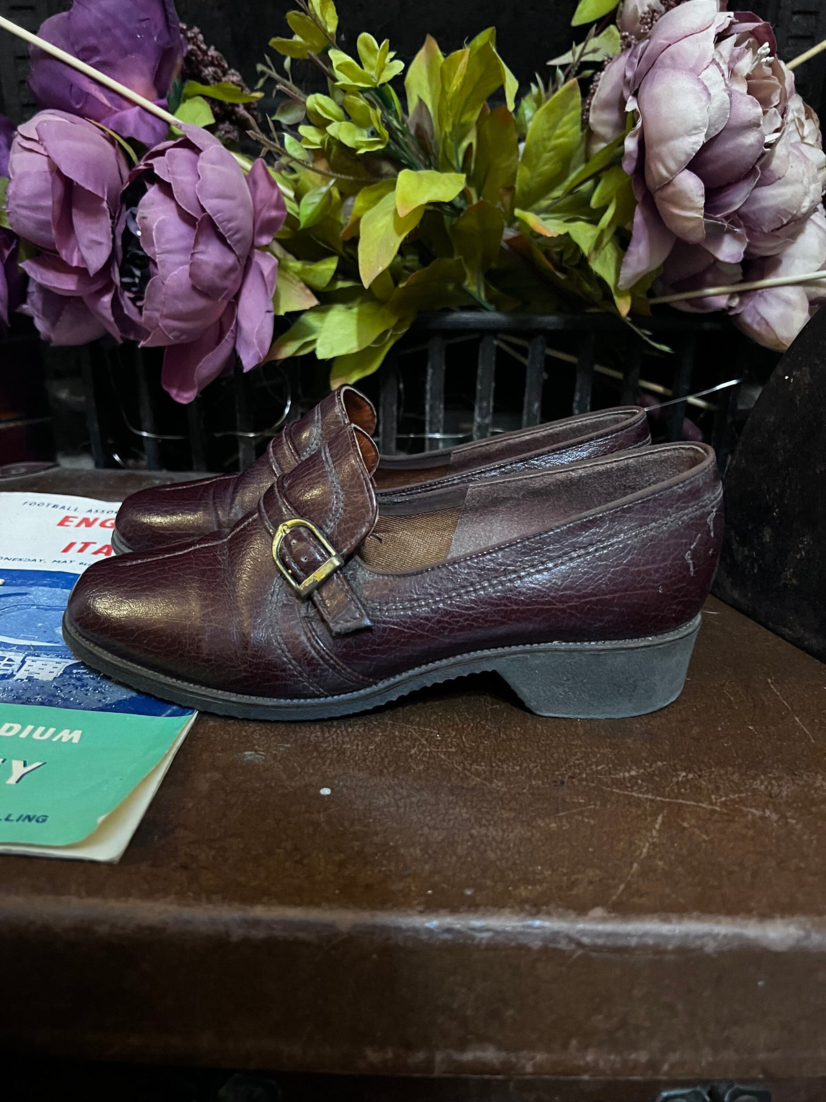 1960s Brown Leather Buckle Shoes, Made in England, Chunky Heel Mod Style (UK 2.5)