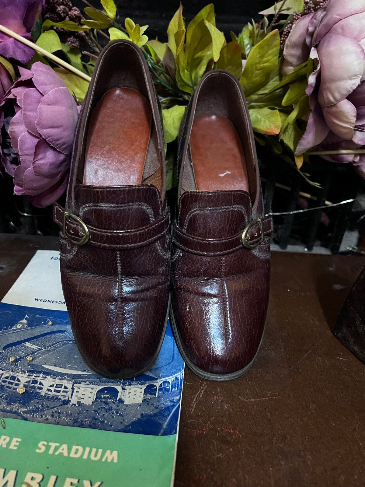 1960s Brown Leather Buckle Shoes, Made in England, Chunky Heel Mod Style (UK 2.5)
