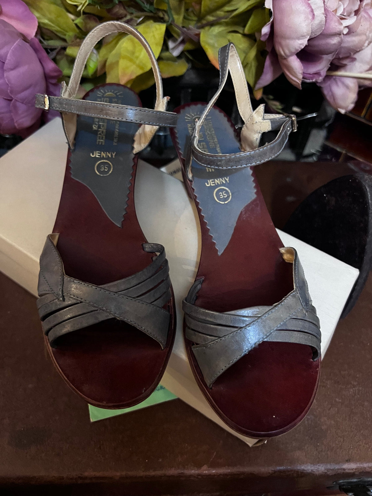Vintage 1970s Blue Leather Sandals, Sun Spree Brazil, Ankle Strap, Chunky Heel (UK 2.5)