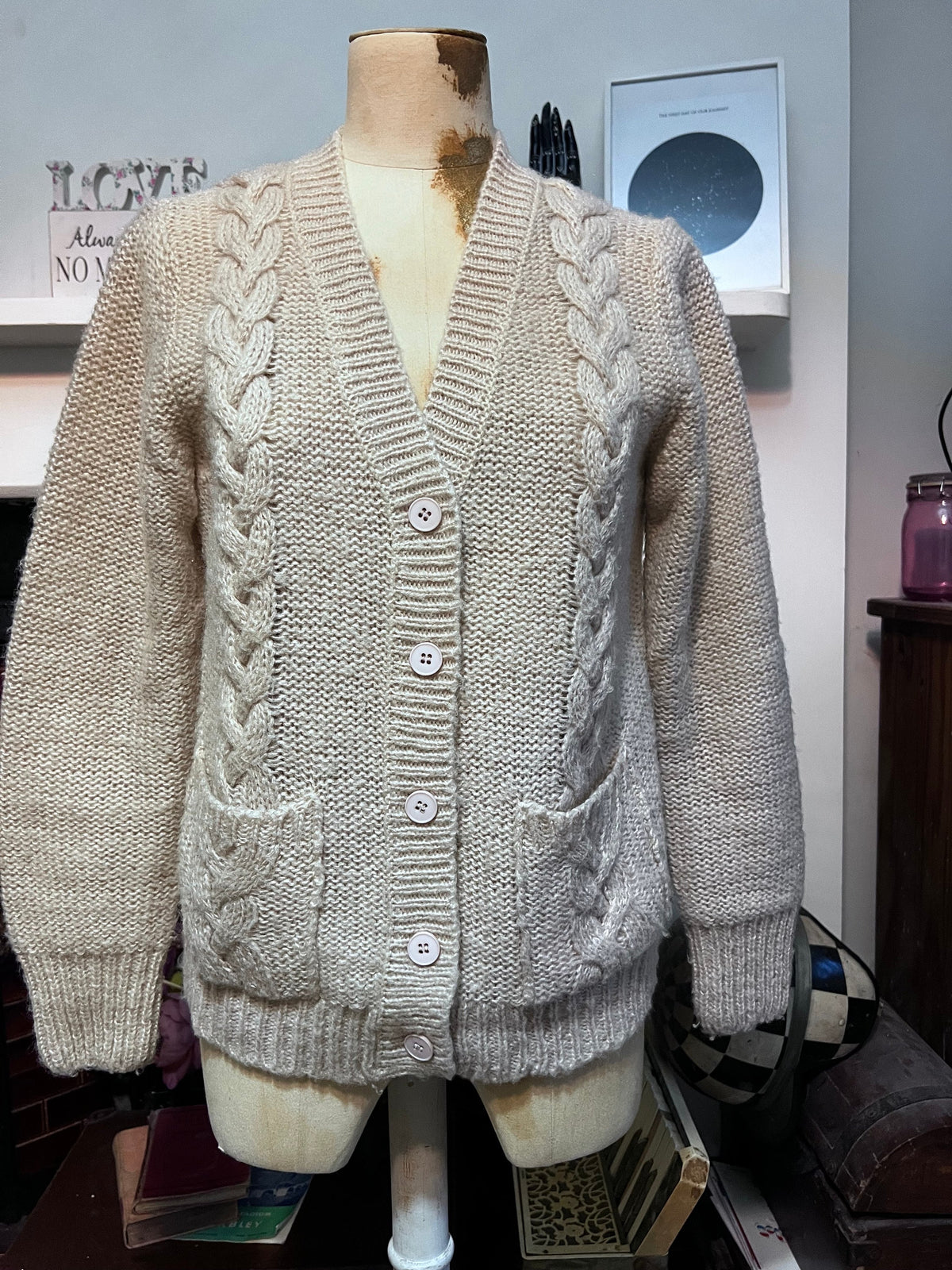 Vintage 1970s Cream Cable Knit Cardigan | Wool Blend Aran Style Jumper