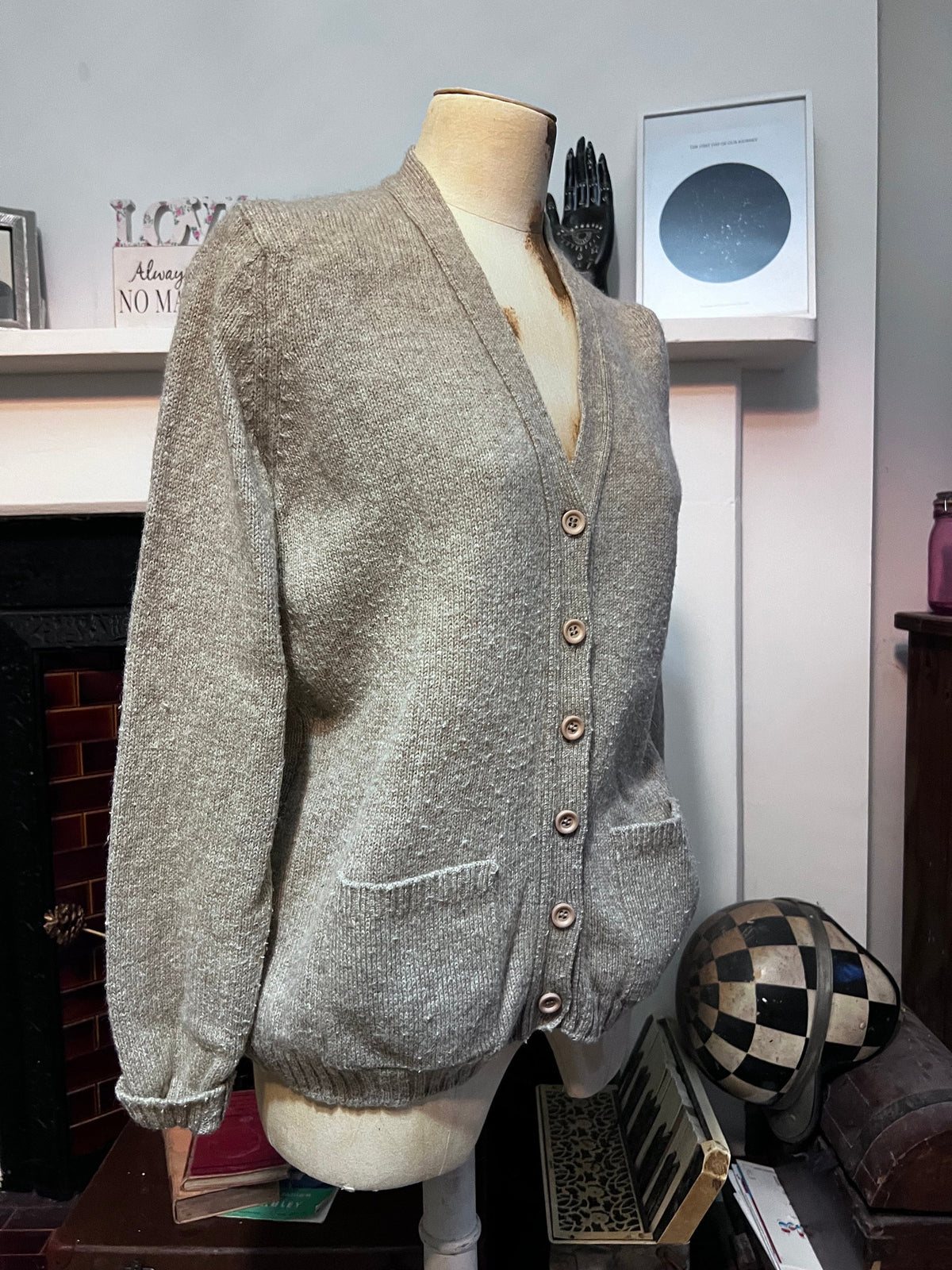 Vintage 1970s M&S Wool Blend Cardigan | Beige Grey Shetland Knit | Women’s UK 10