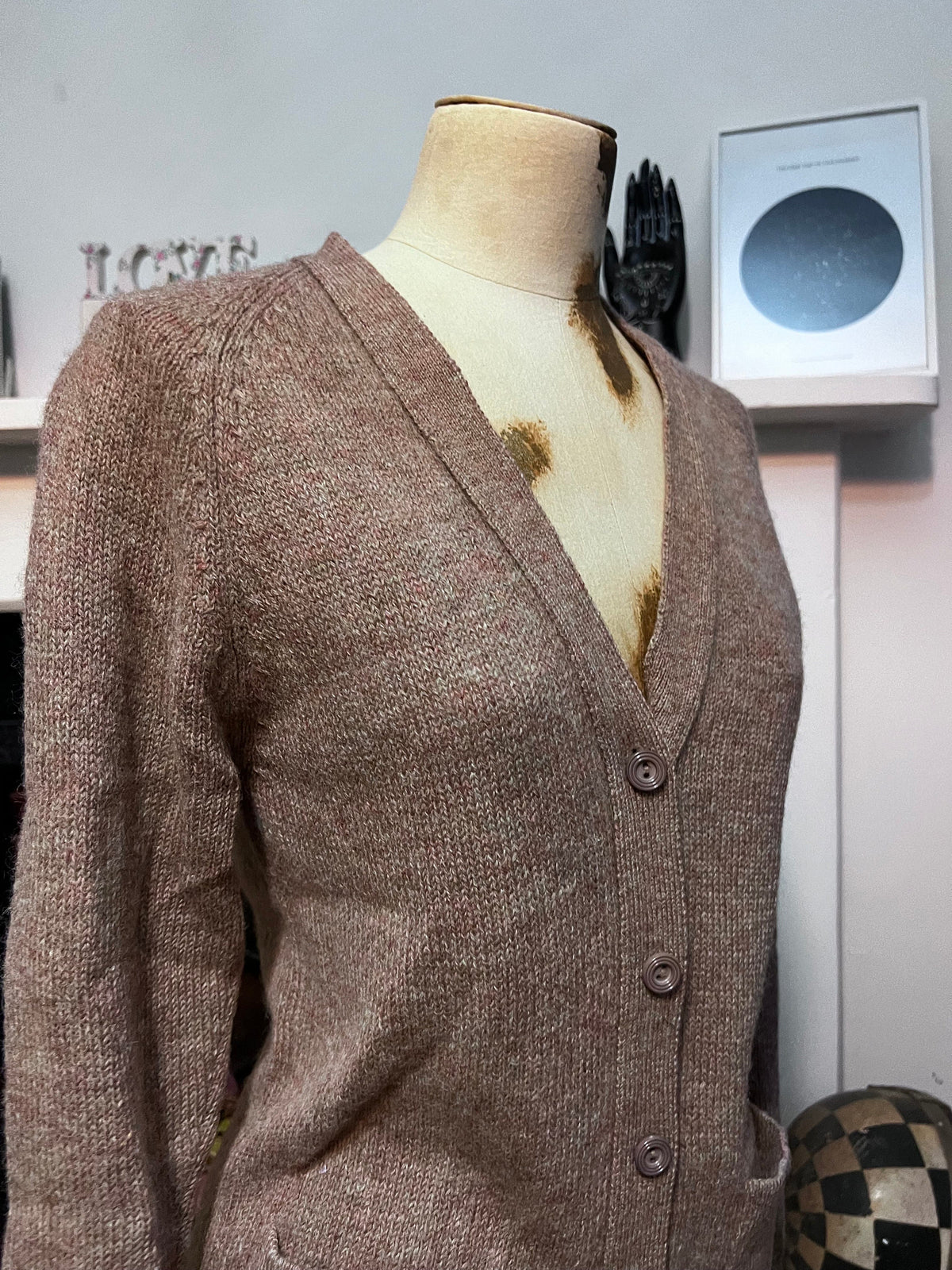 Vintage 1970s Shetland Wool Cardigan | Brown Beige 4 Ply British Knit | Women’s XS
