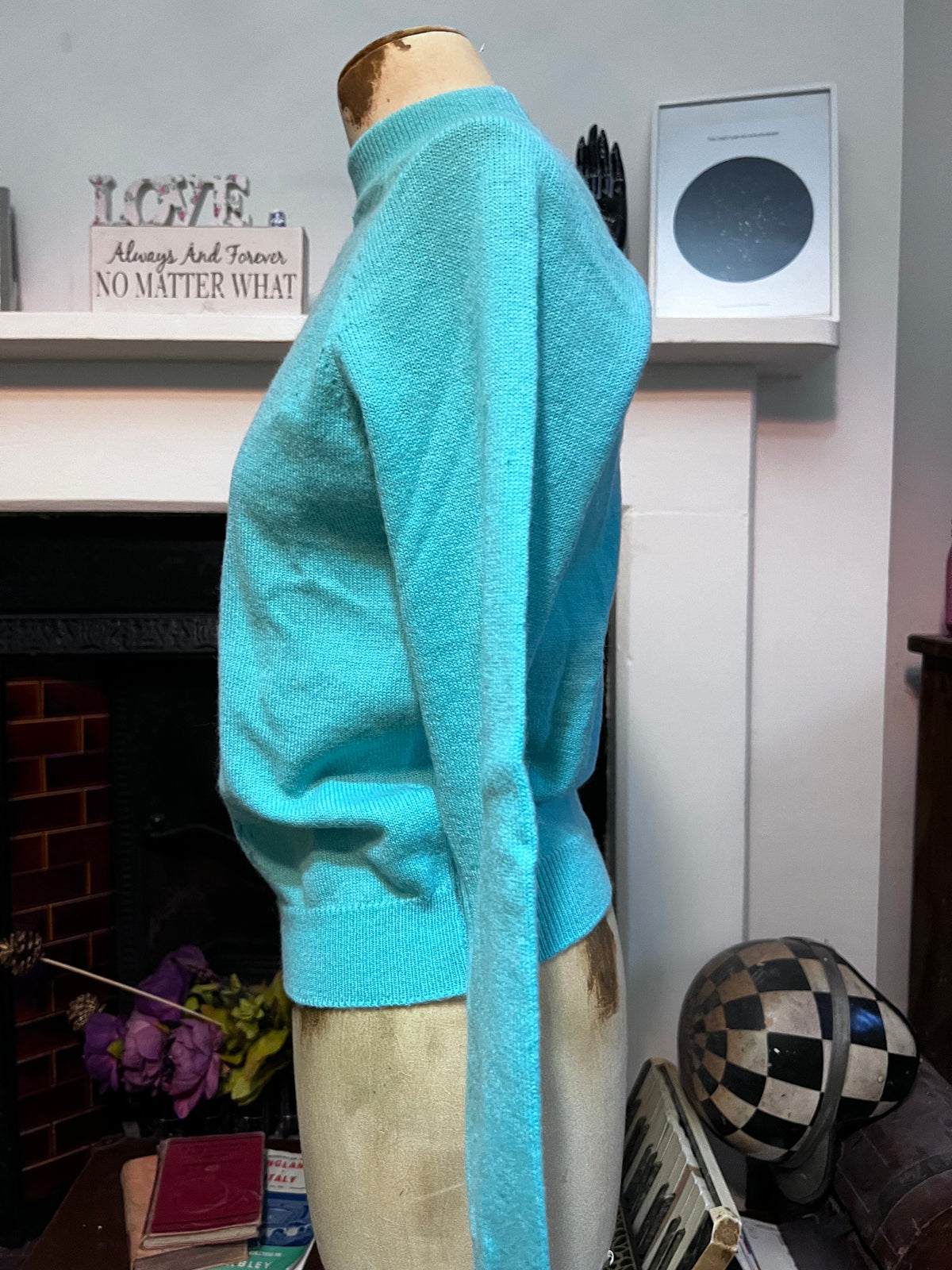 1950s Mint Green Pointelle Knit Sweater | Mock Neck Retro Pullover (UK 8)