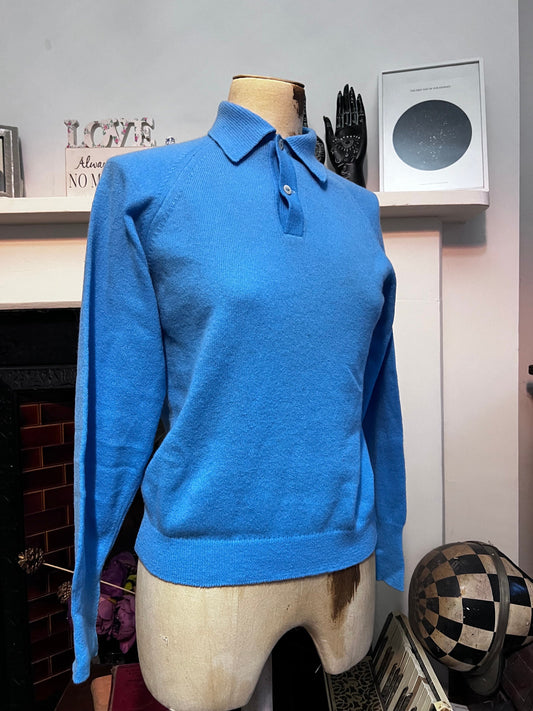 Vintage 1950s Blue Polo Collar Jumper | Lambswool Blend Knit Sweater | Women’s UK 8