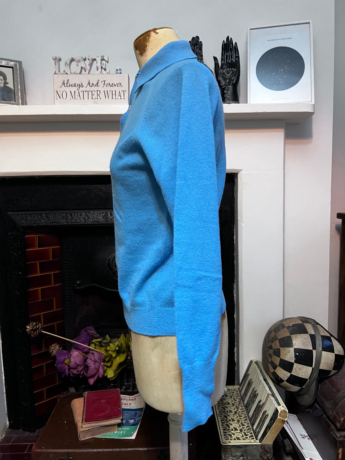 Vintage 1950s Blue Polo Collar Jumper | Lambswool Blend Knit Sweater | Women’s UK 8