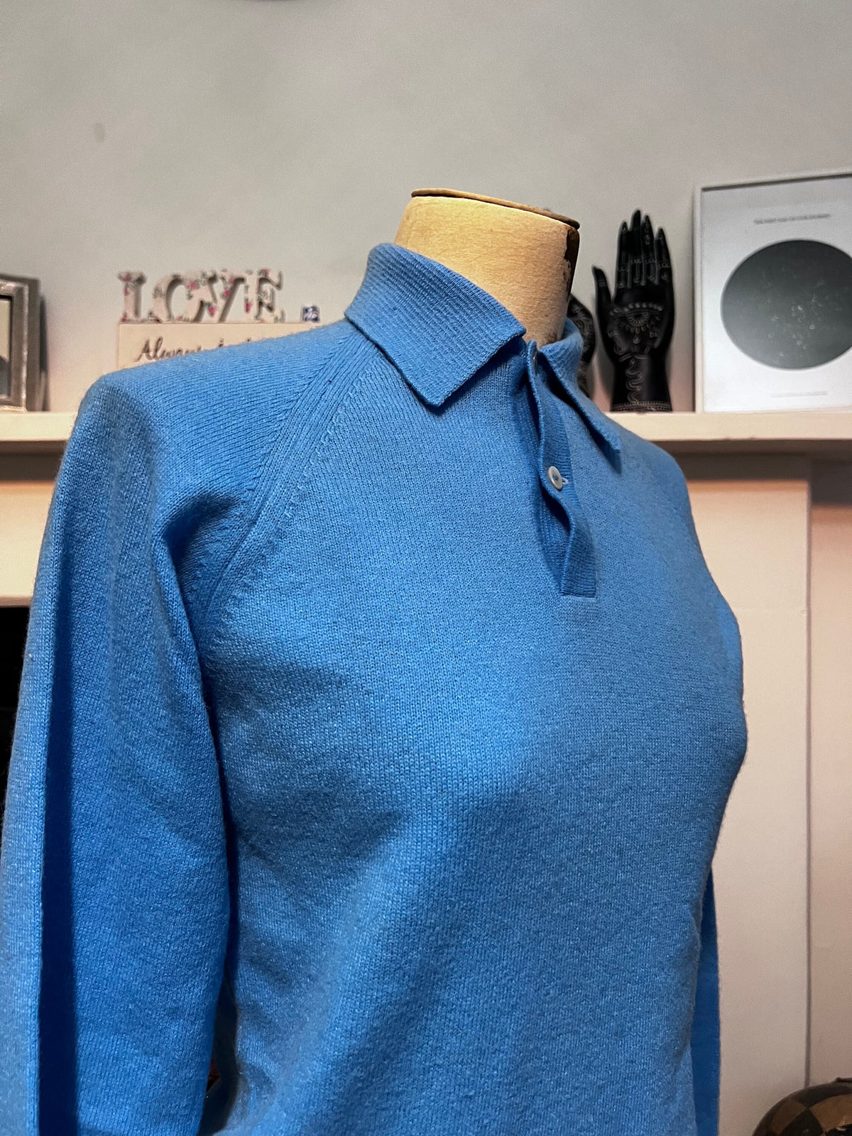 Vintage 1950s Blue Polo Collar Jumper | Lambswool Blend Knit Sweater | Women’s UK 8