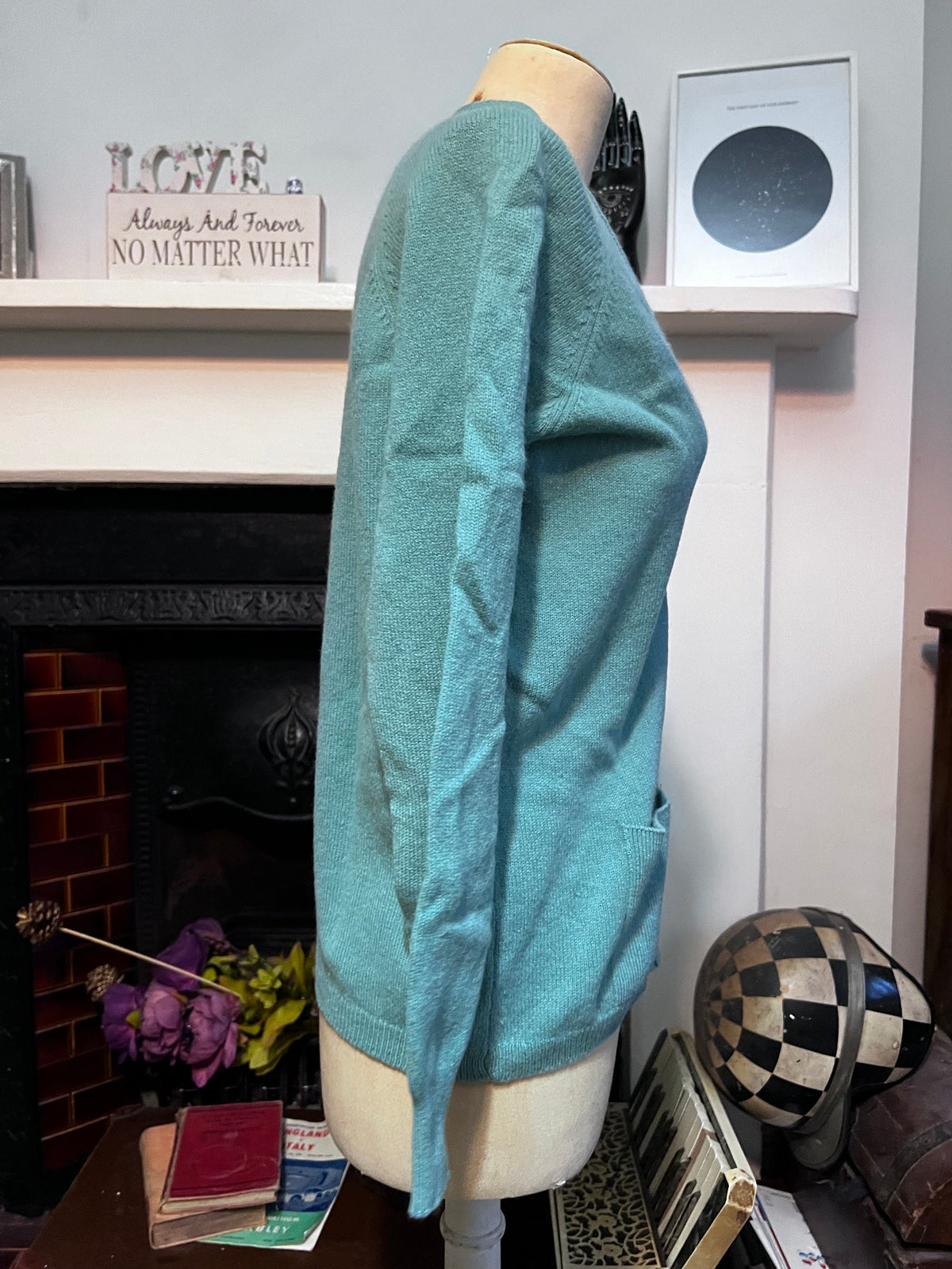 Vintage 1980s Duck Egg Blue Cardigan | V-Neck Knit, Tonal Buttons, Patch Pockets