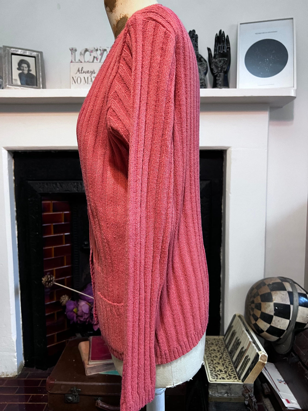 Vintage 1980s Jaeger Cardigan | Coral Pink Ribbed Knit | Women’s British Designer Knitwear
