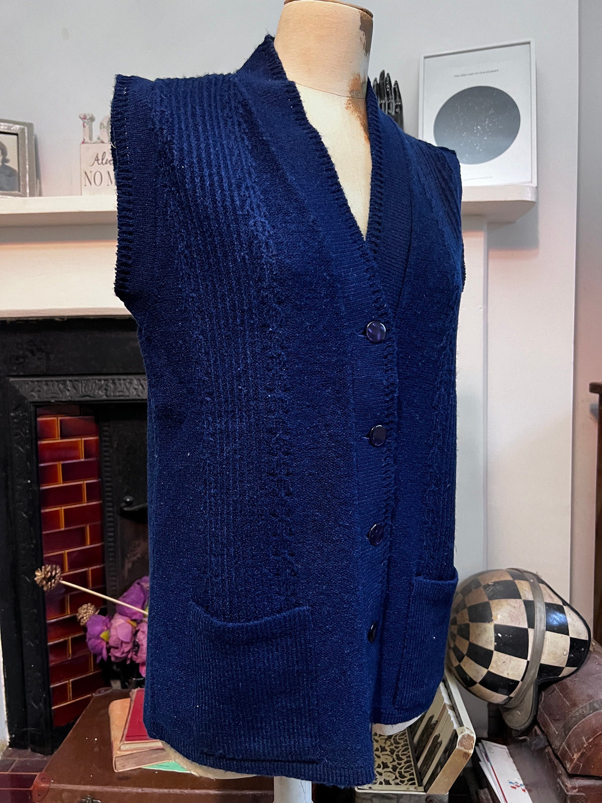 1970s Victor Bright Navy Knit Cardigan Vest | British Acrylic Waistcoat (UK 8-10)