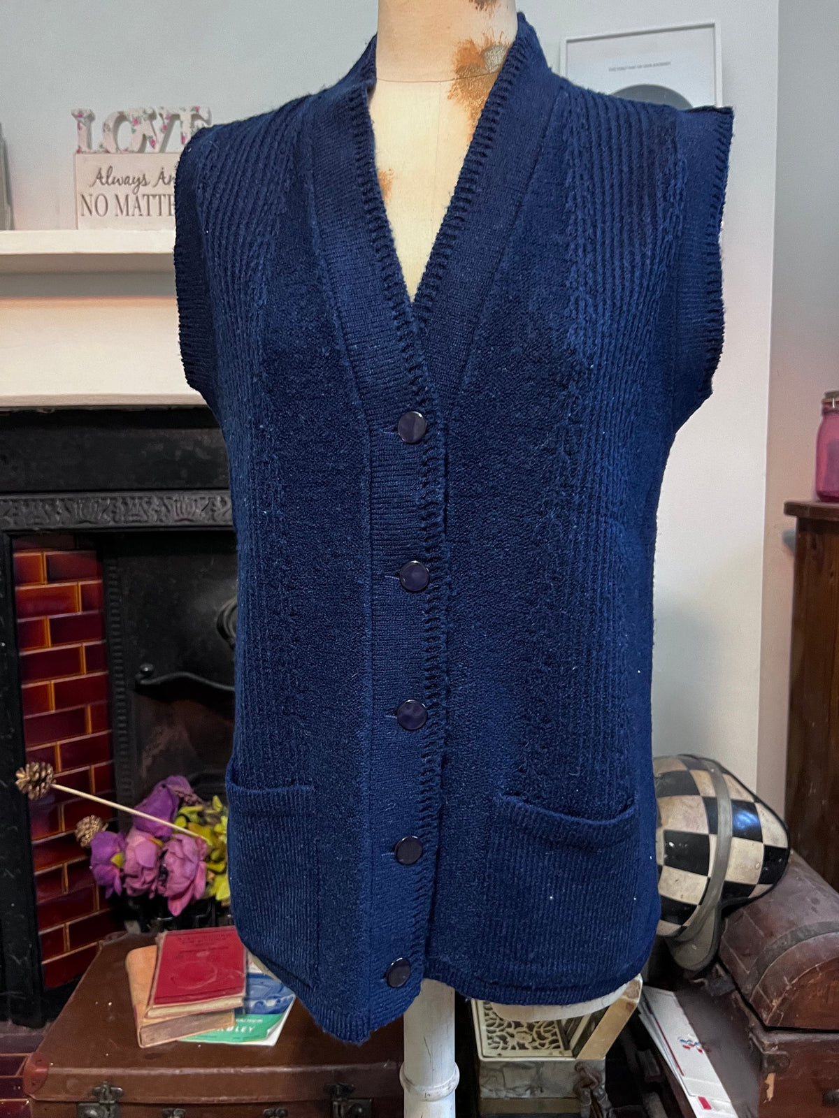 1970s Victor Bright Navy Knit Cardigan Vest | British Acrylic Waistcoat (UK 8-10)