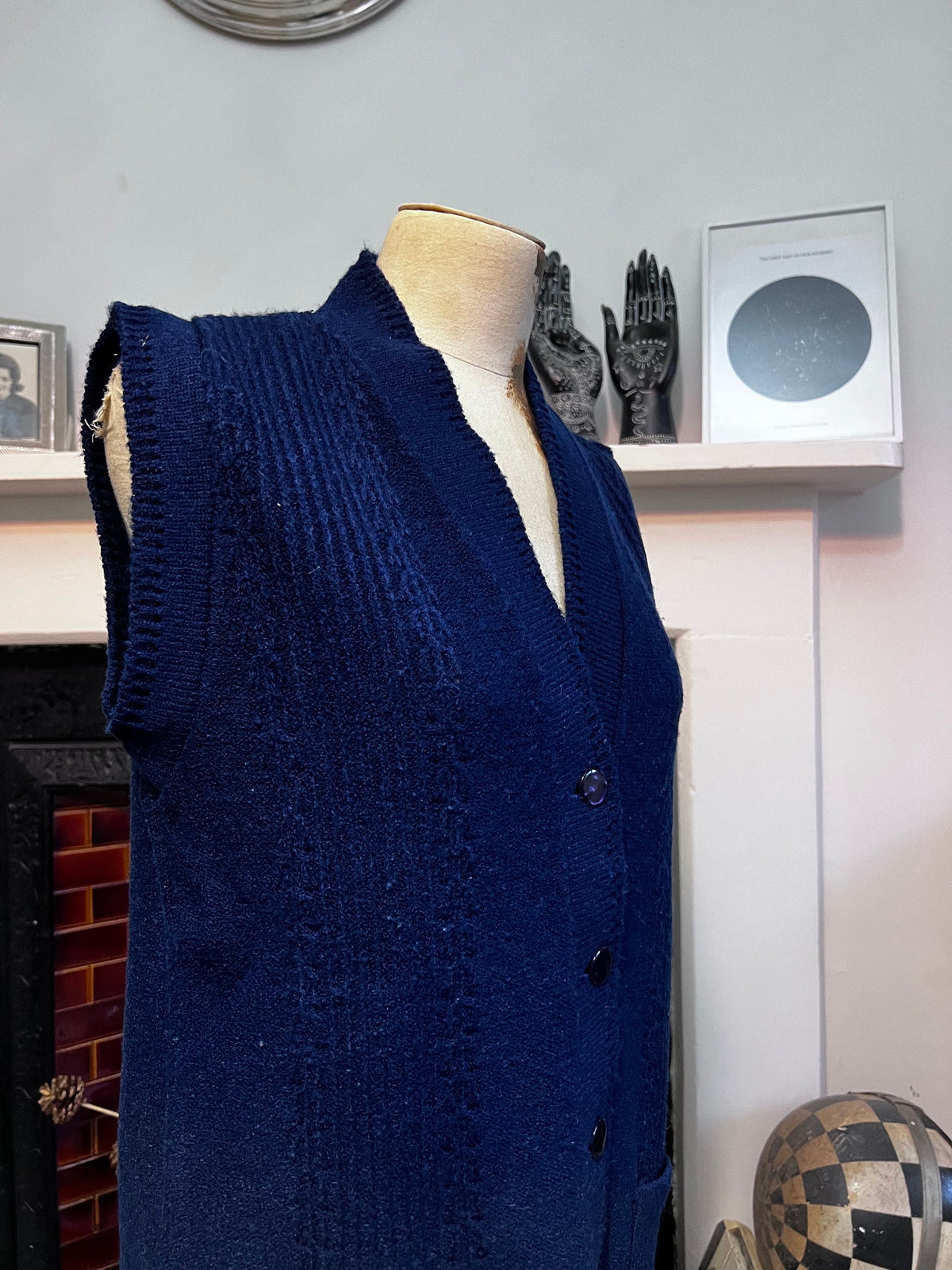 1970s Victor Bright Navy Knit Cardigan Vest | British Acrylic Waistcoat (UK 8-10)