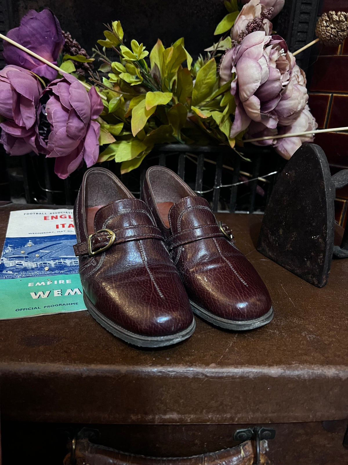 1960s Brown Leather Buckle Shoes, Made in England, Chunky Heel Mod Style (UK 2.5)