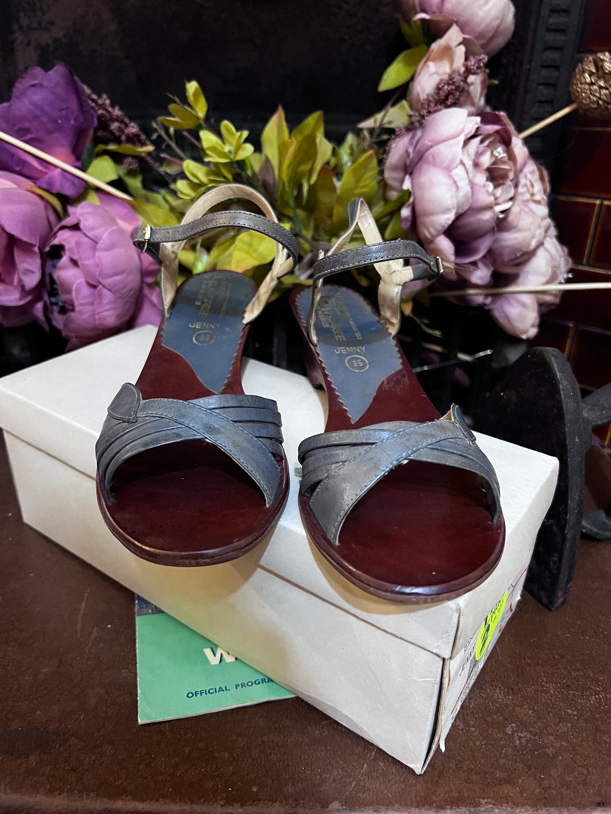 Vintage 1970s Blue Leather Sandals, Sun Spree Brazil, Ankle Strap, Chunky Heel (UK 2.5)