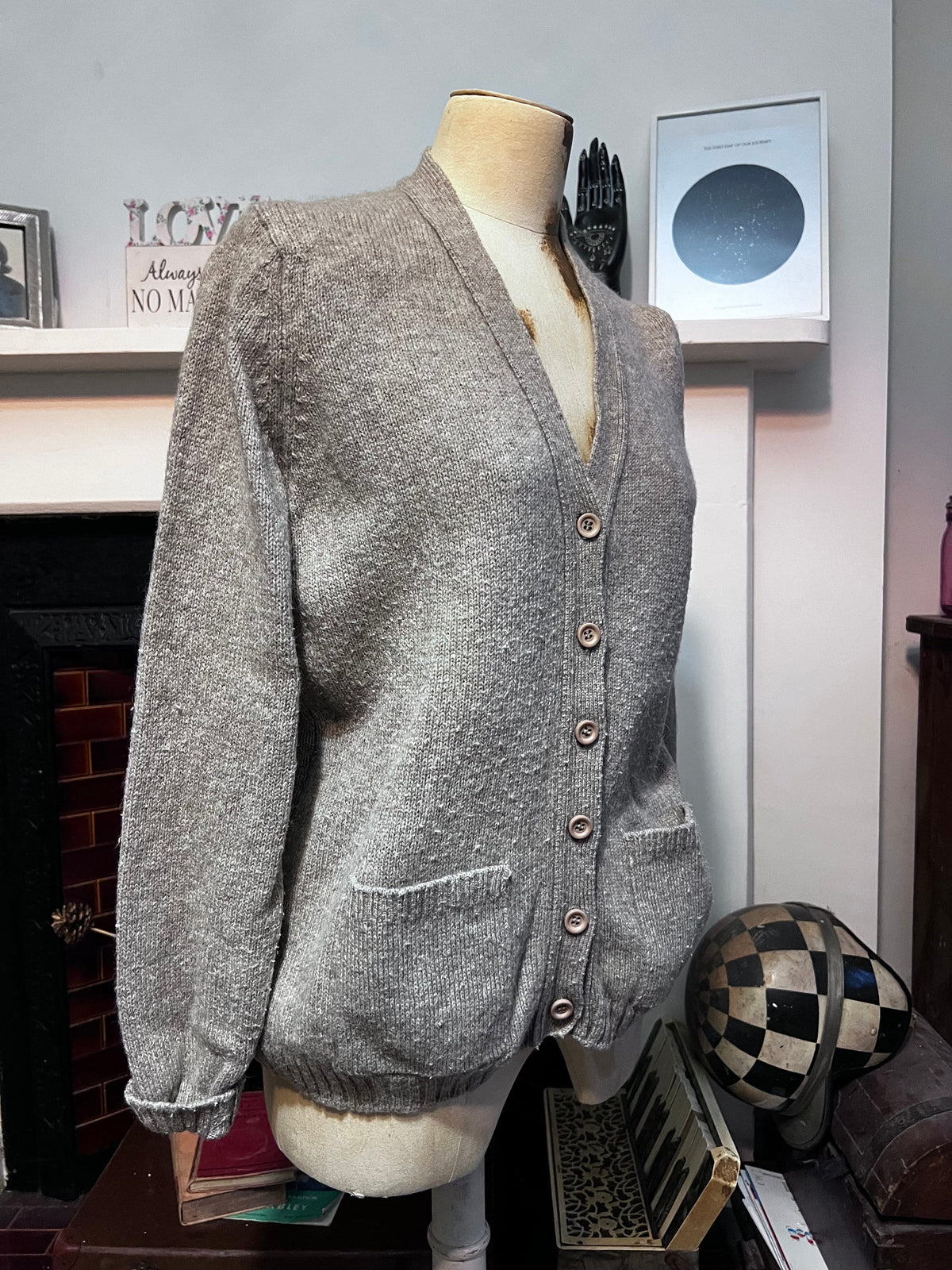 Vintage 1970s M&S Wool Blend Cardigan | Beige Grey Shetland Knit | Women’s UK 10
