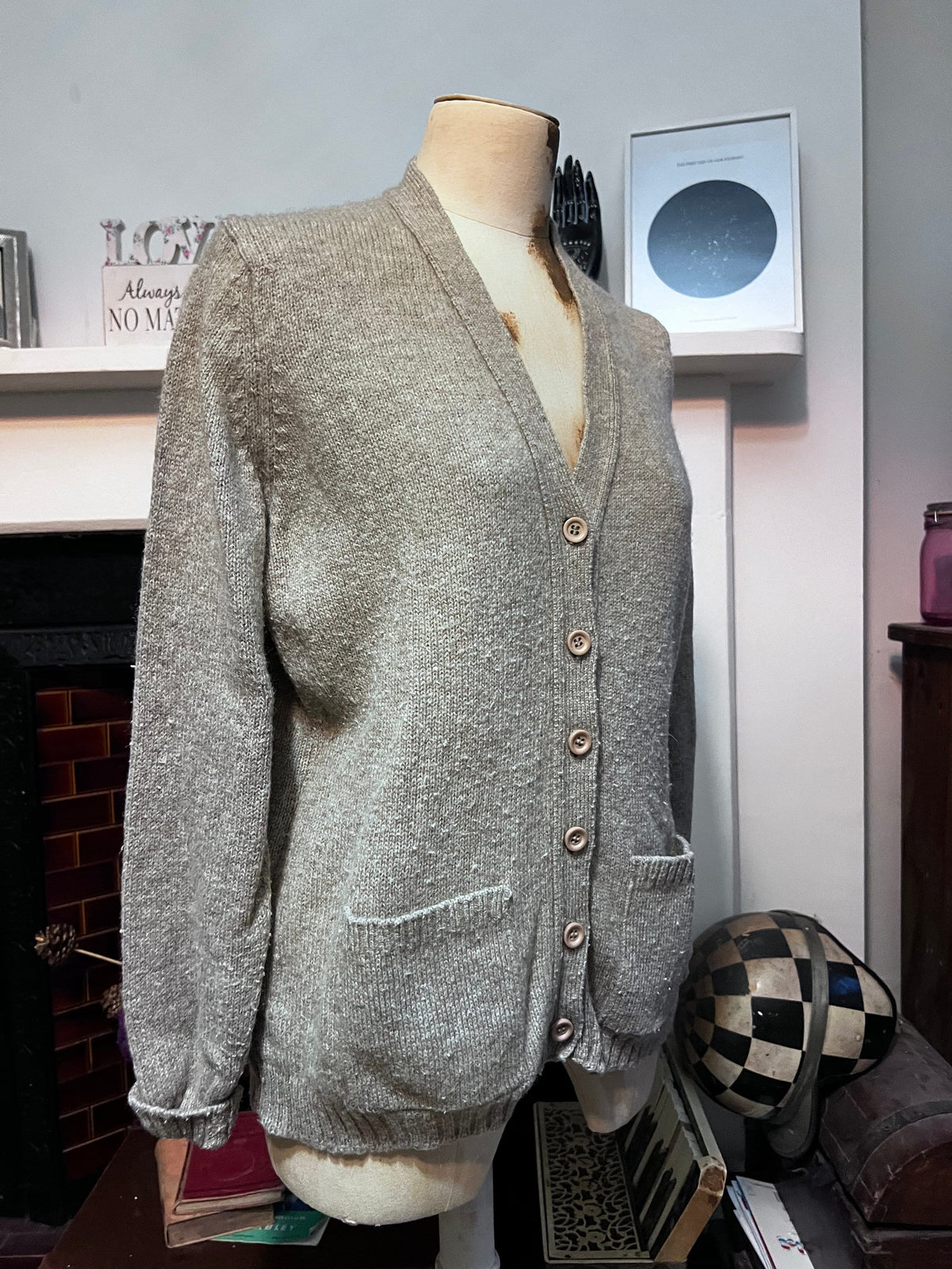 Vintage 1970s M&S Wool Blend Cardigan | Beige Grey Shetland Knit | Women’s UK 10