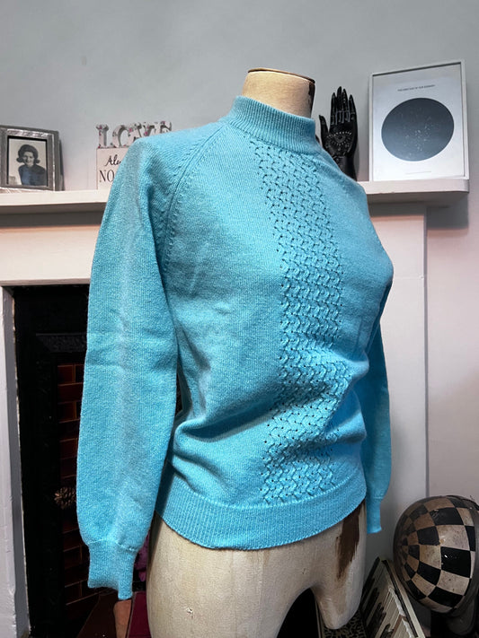 1950s Mint Green Pointelle Knit Sweater | Mock Neck Retro Pullover (UK 8)