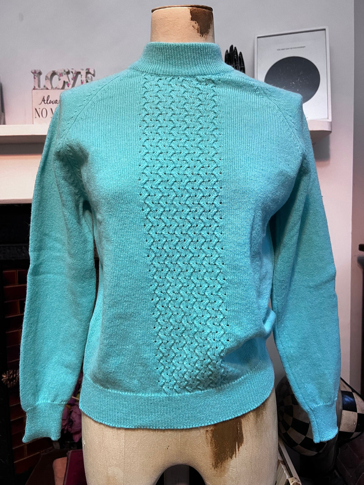 1950s Mint Green Pointelle Knit Sweater | Mock Neck Retro Pullover (UK 8)
