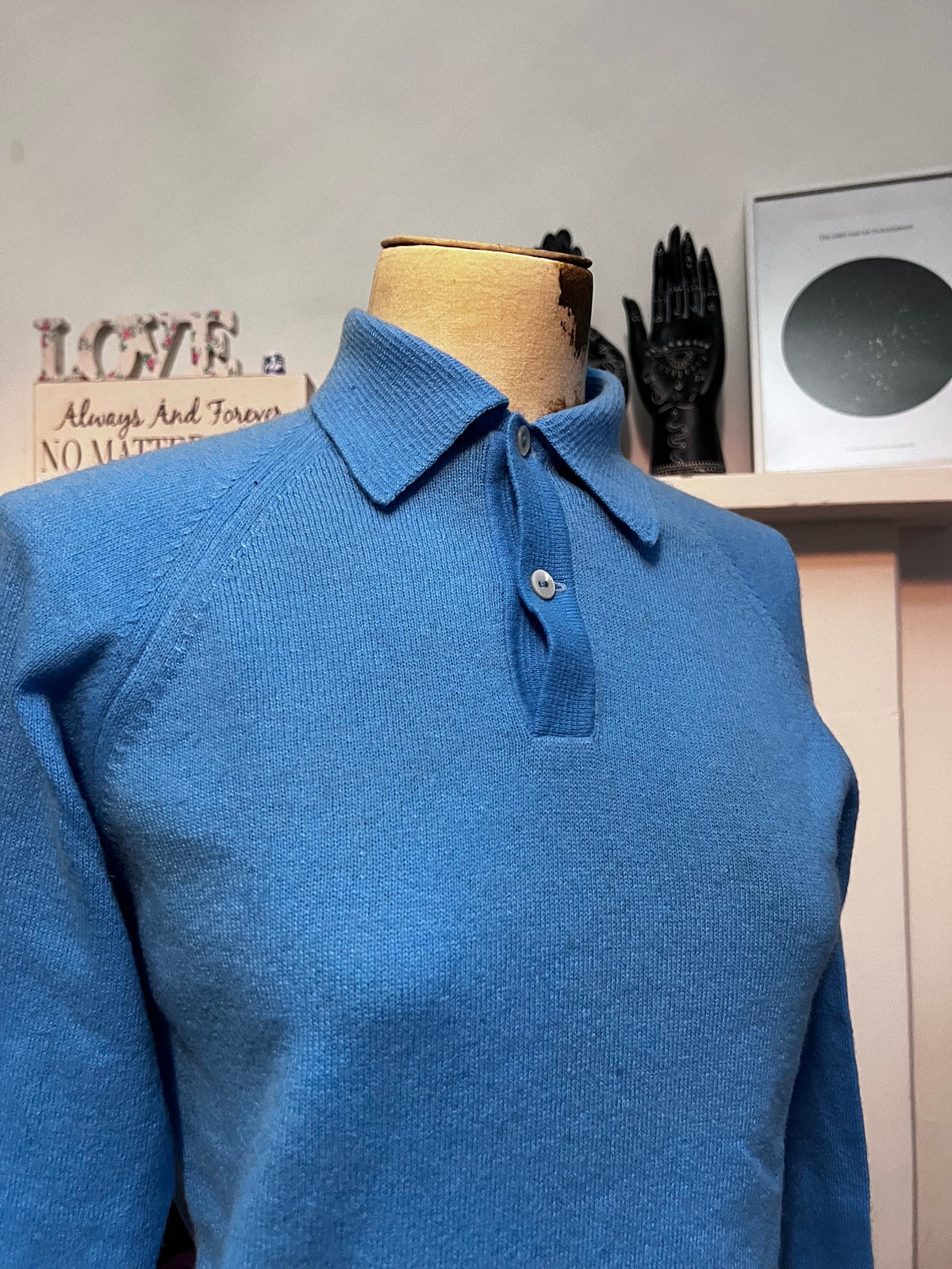 Vintage 1950s Blue Polo Collar Jumper | Lambswool Blend Knit Sweater | Women’s UK 8