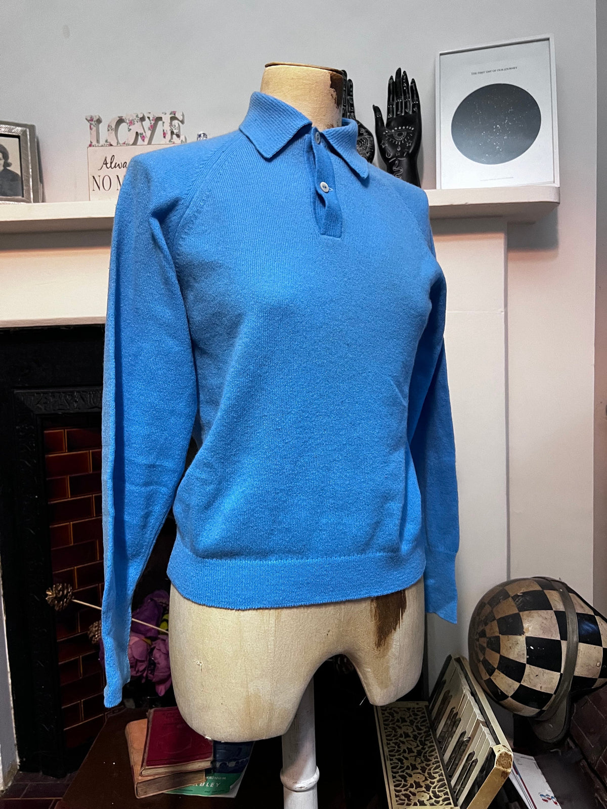 Vintage 1950s Blue Polo Collar Jumper | Lambswool Blend Knit Sweater | Women’s UK 8
