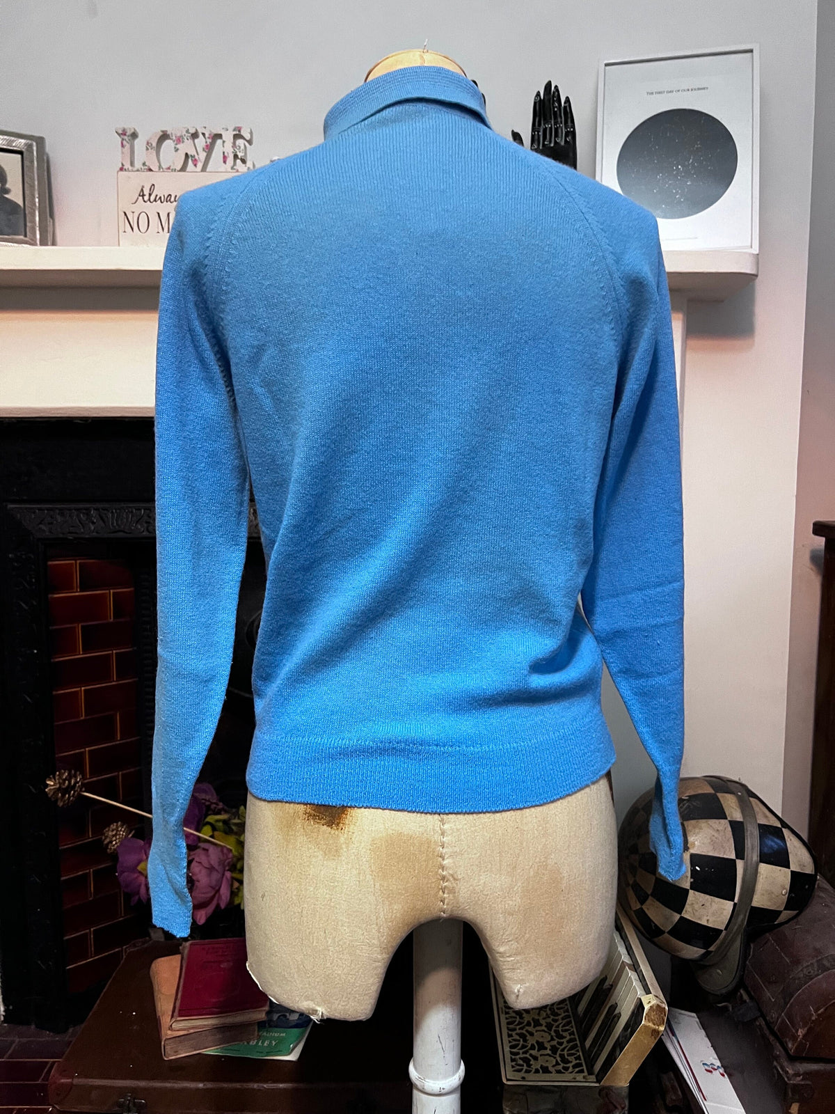 Vintage 1950s Blue Polo Collar Jumper | Lambswool Blend Knit Sweater | Women’s UK 8