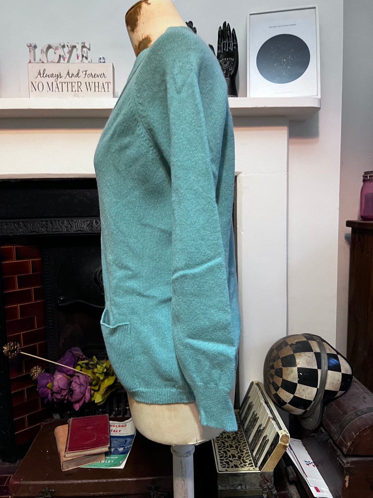 Vintage 1980s Duck Egg Blue Cardigan | V-Neck Knit, Tonal Buttons, Patch Pockets
