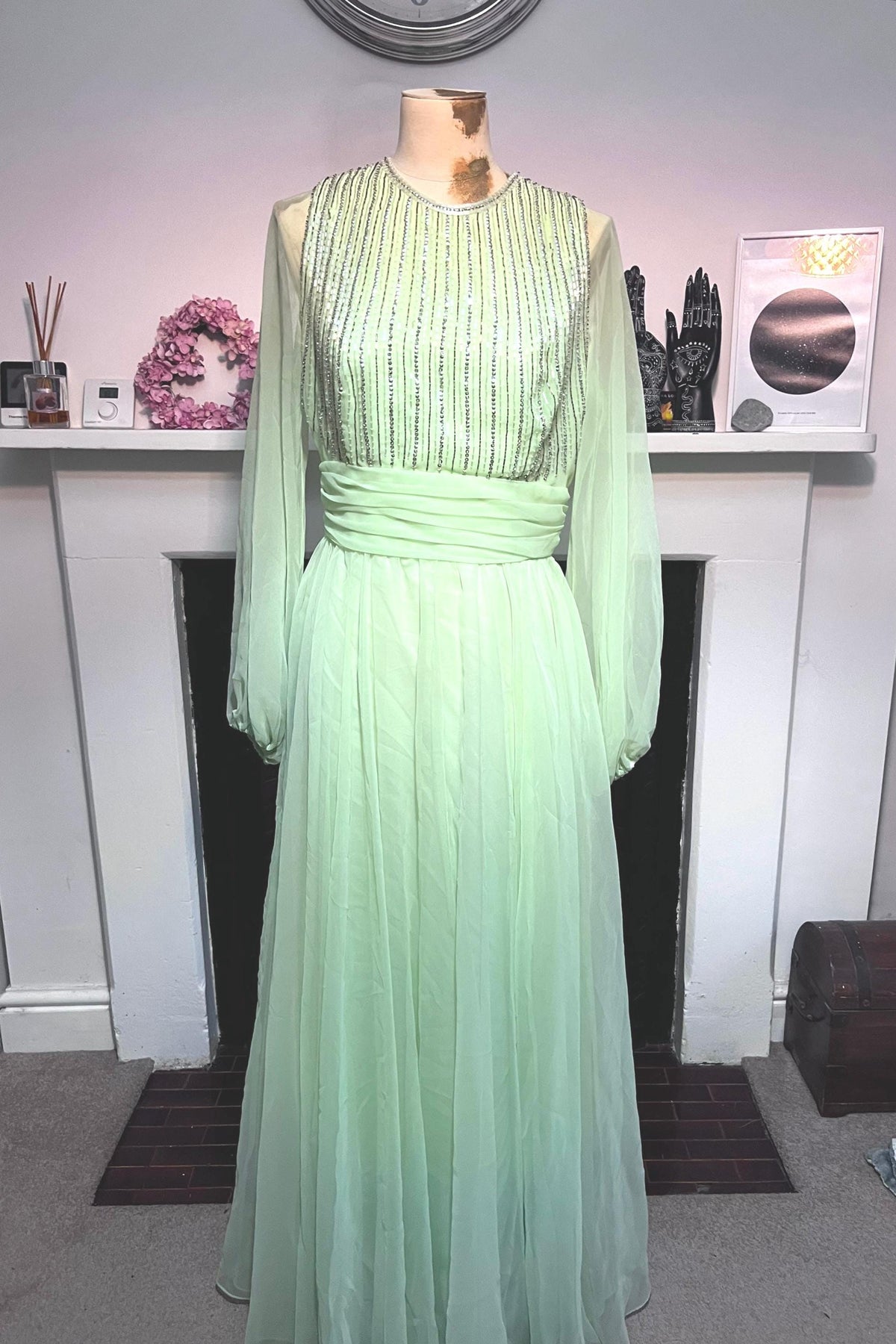 Vintage Chiffon Dress Maxi Lime Green - Beaded Chiffon Dress - Deadstock 1970s Jack Bryan, Vintage Dress, vintage prom, vintage ball gown