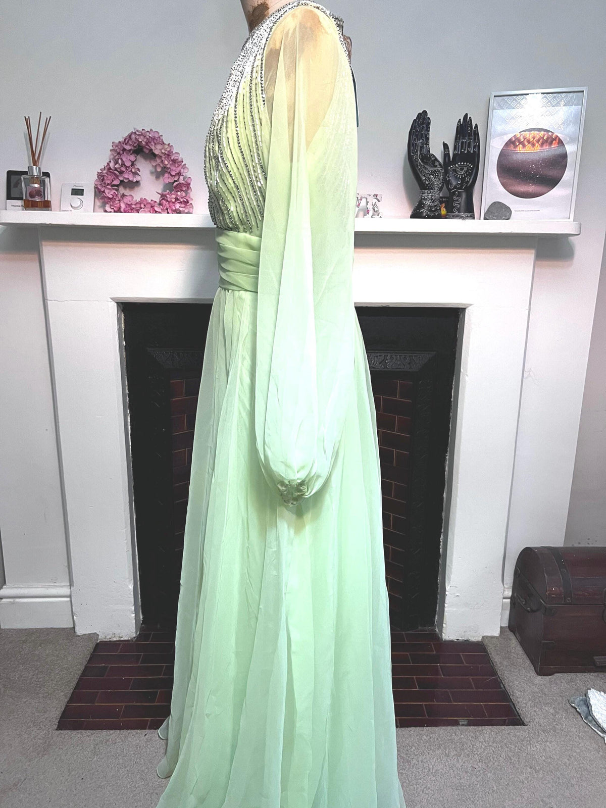 Vintage Chiffon Dress Maxi Lime Green - Beaded Chiffon Dress - Deadstock 1970s Jack Bryan, Vintage Dress, vintage prom, vintage ball gown