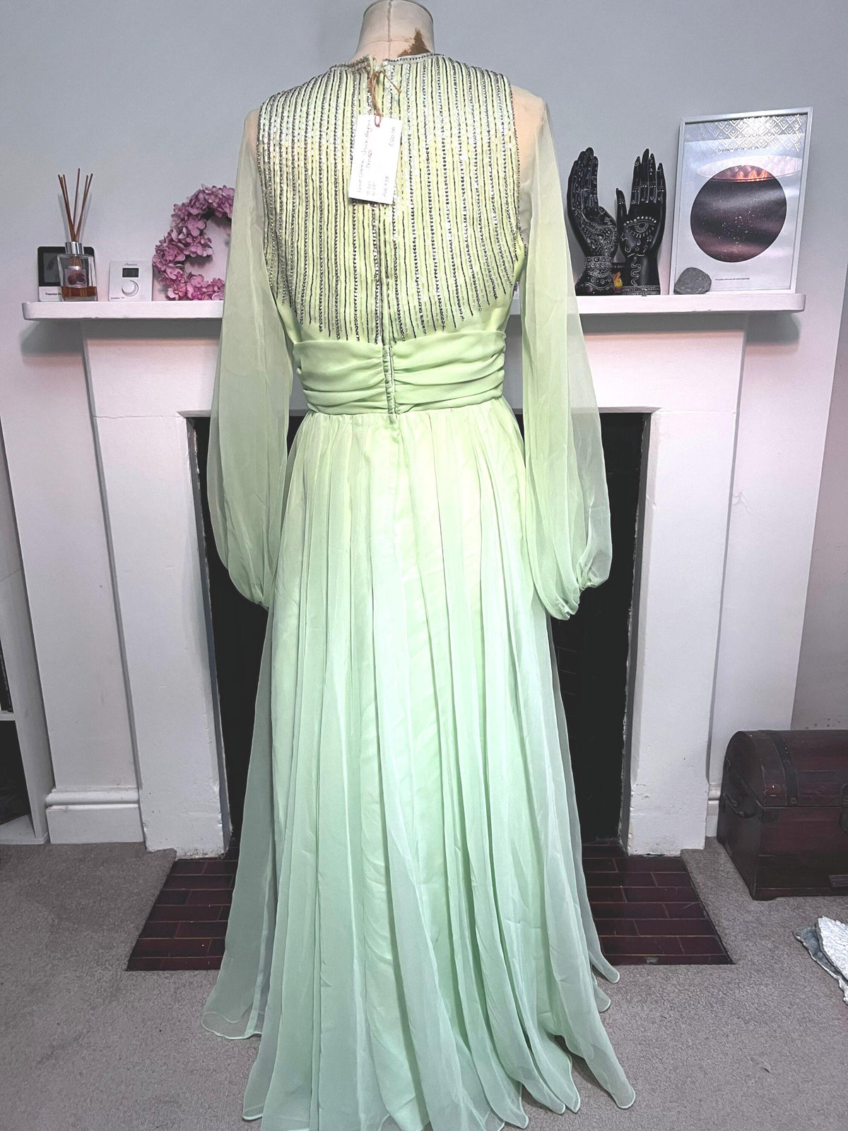 Vintage Chiffon Dress Maxi Lime Green - Beaded Chiffon Dress - Deadstock 1970s Jack Bryan, Vintage Dress, vintage prom, vintage ball gown