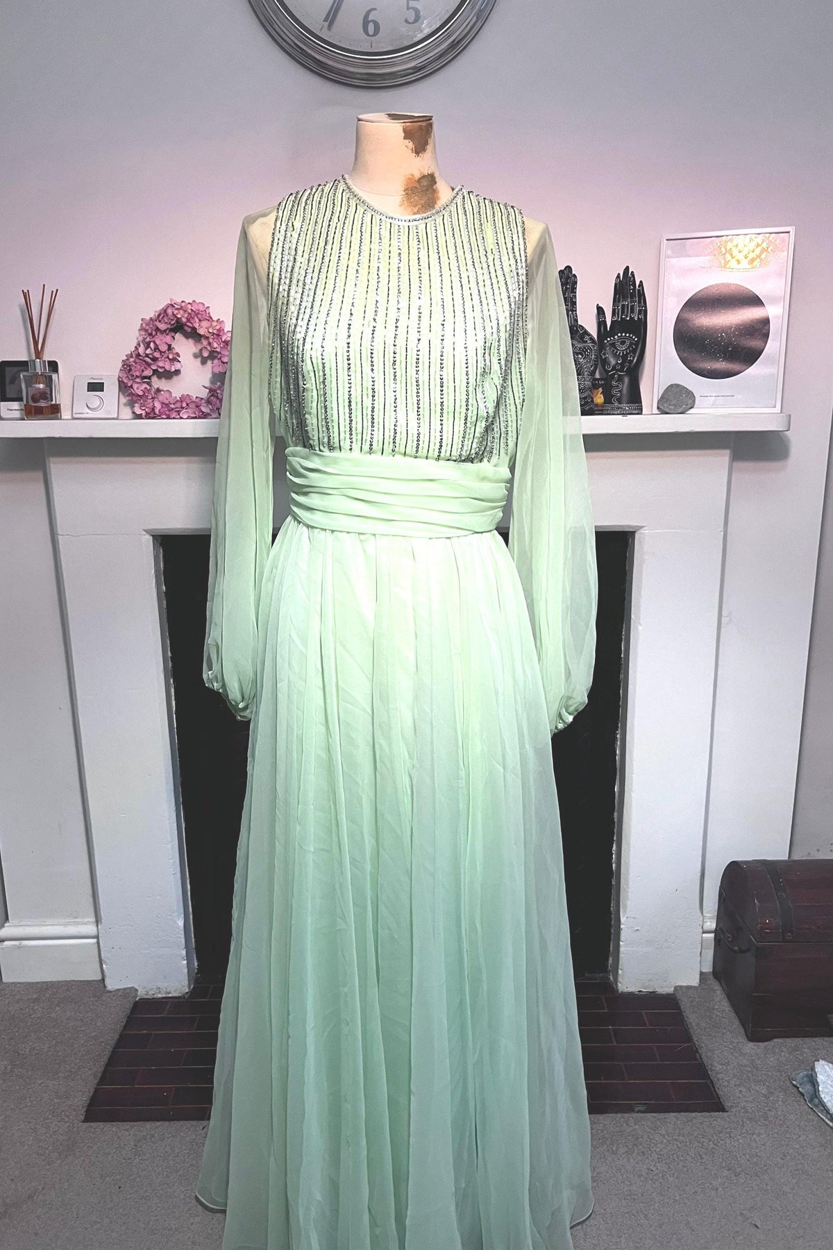 Vintage Chiffon Dress Maxi Lime Green - Beaded Chiffon Dress - Deadstock 1970s Jack Bryan, Vintage Dress, vintage prom, vintage ball gown