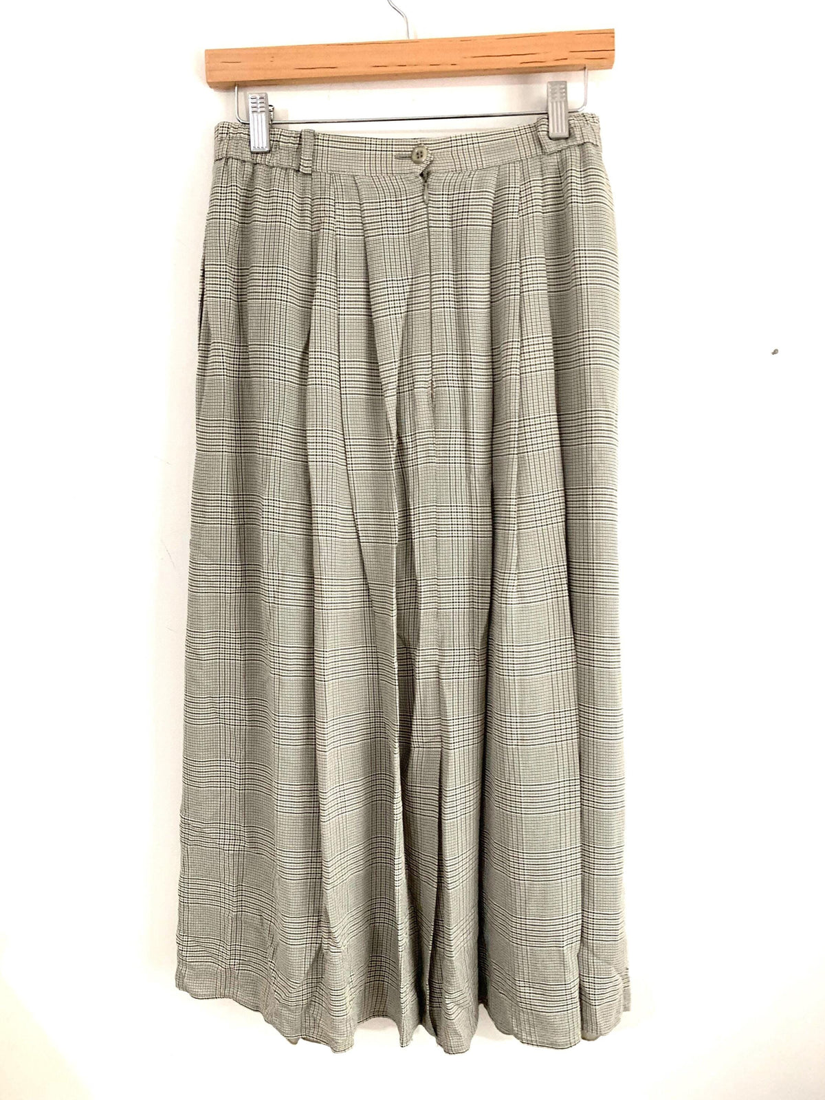 Vintage 1980s Gardeur Checked Midi Skirt | Grey Green Plaid, High Waist, Pockets (UK 12-14)