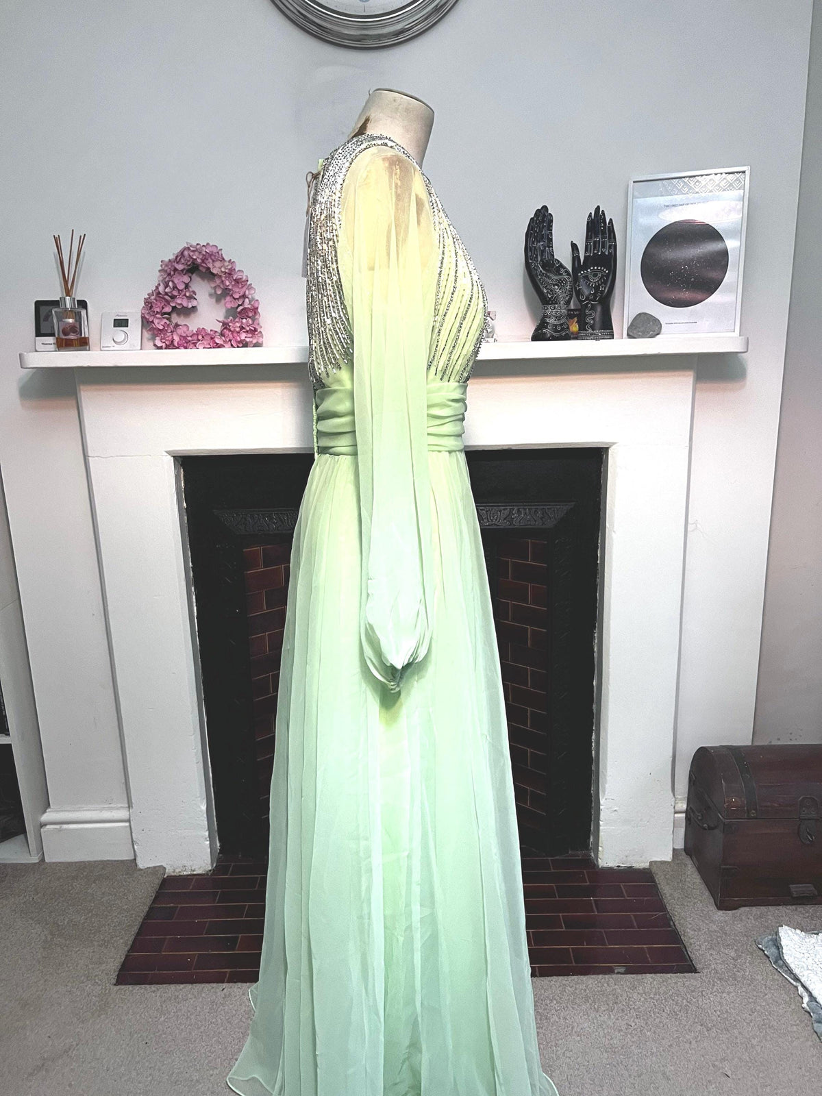 Vintage Chiffon Dress Maxi Lime Green - Beaded Chiffon Dress - Deadstock 1970s Jack Bryan, Vintage Dress, vintage prom, vintage ball gown