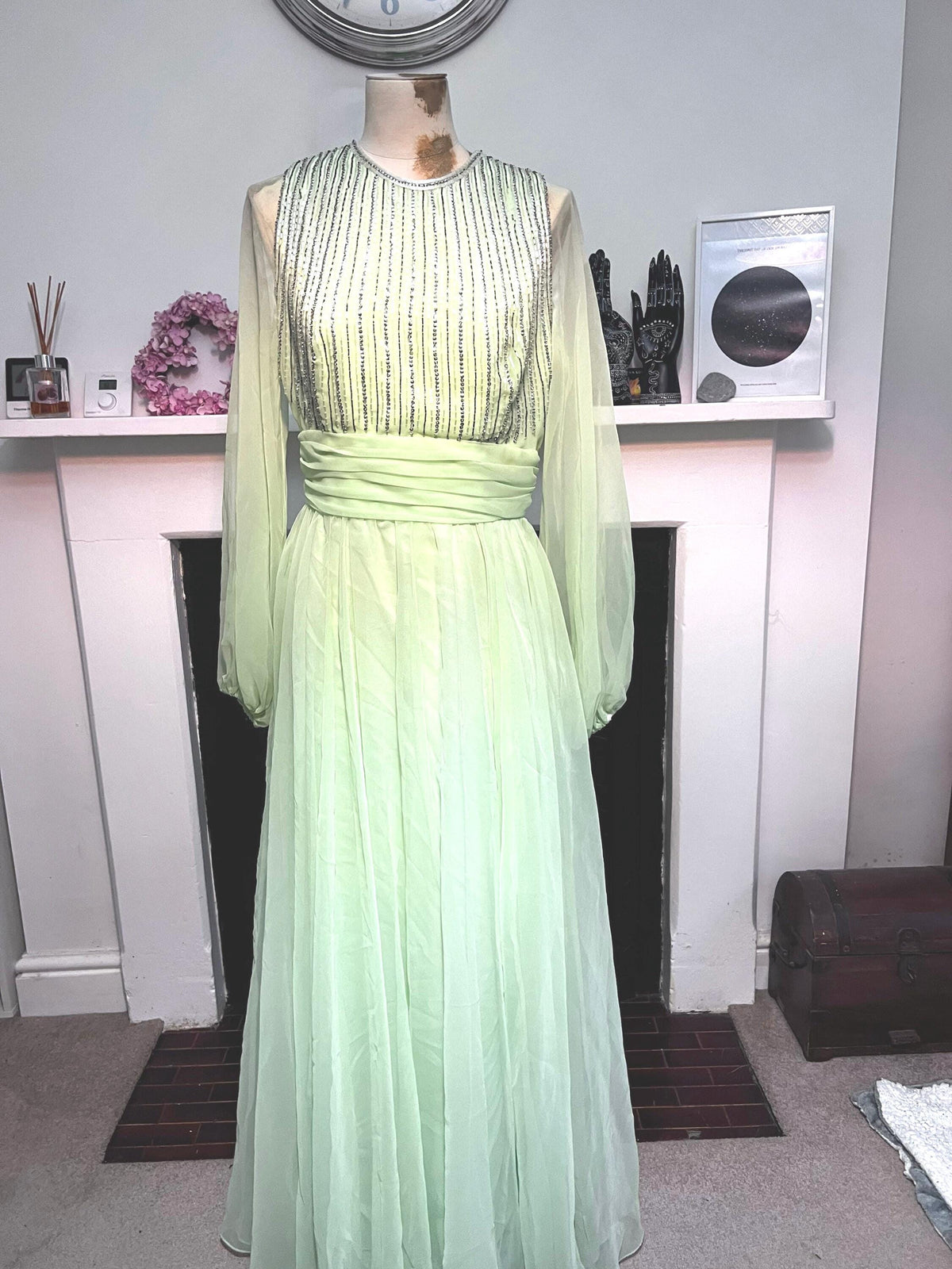Vintage Chiffon Dress Maxi Lime Green - Beaded Chiffon Dress - Deadstock 1970s Jack Bryan, Vintage Dress, vintage prom, vintage ball gown