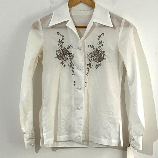 Vintage Embroidered Blouse: Floral Details, UK Size 8