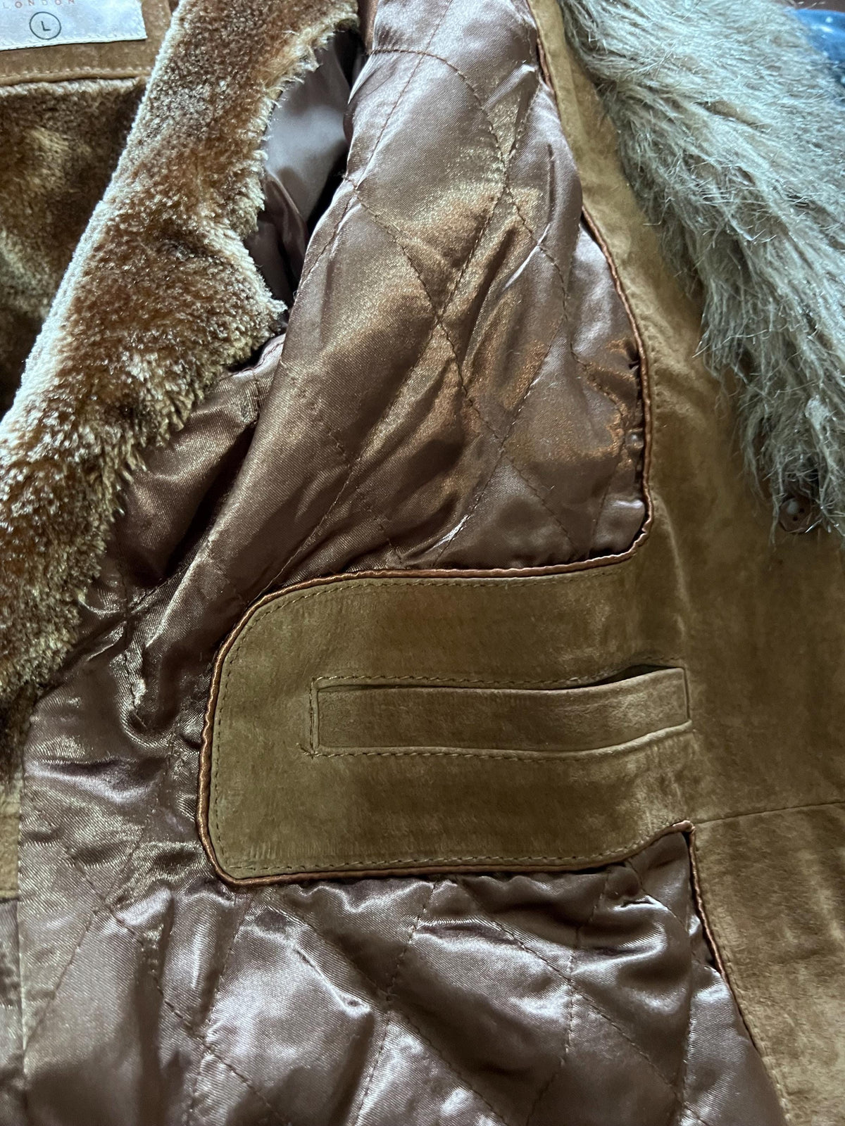 Penny lane vintage brown suede coat with faux fur collar,