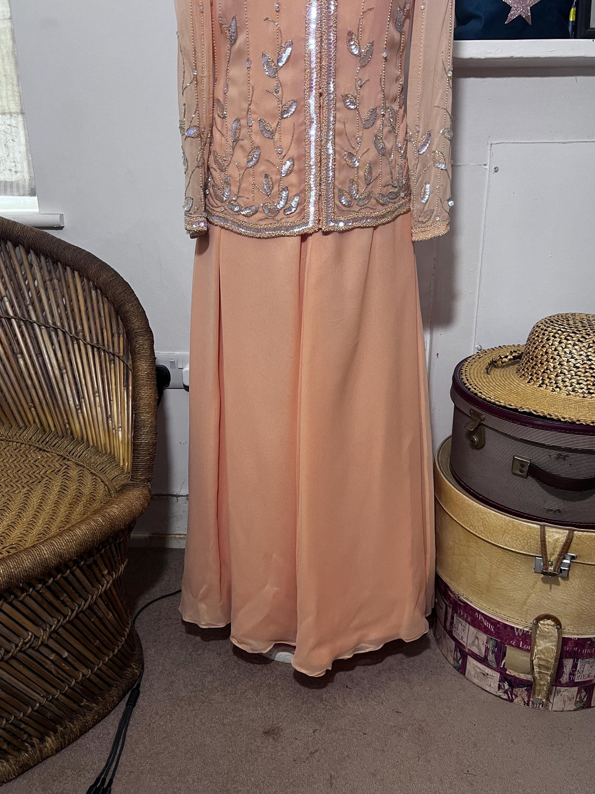 Norman Harntell peach silk chiffon dress ensemble with silver beading and sequins ready to wear 1970s labels