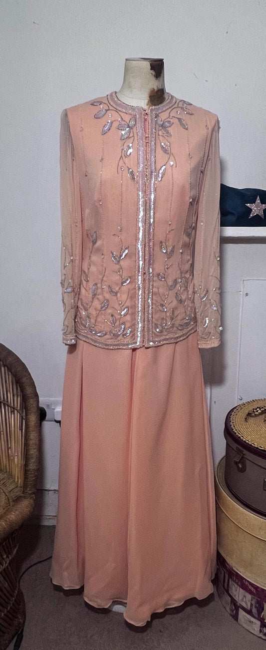 Norman Harntell peach silk chiffon dress ensemble with silver beading and sequins ready to wear 1970s labels