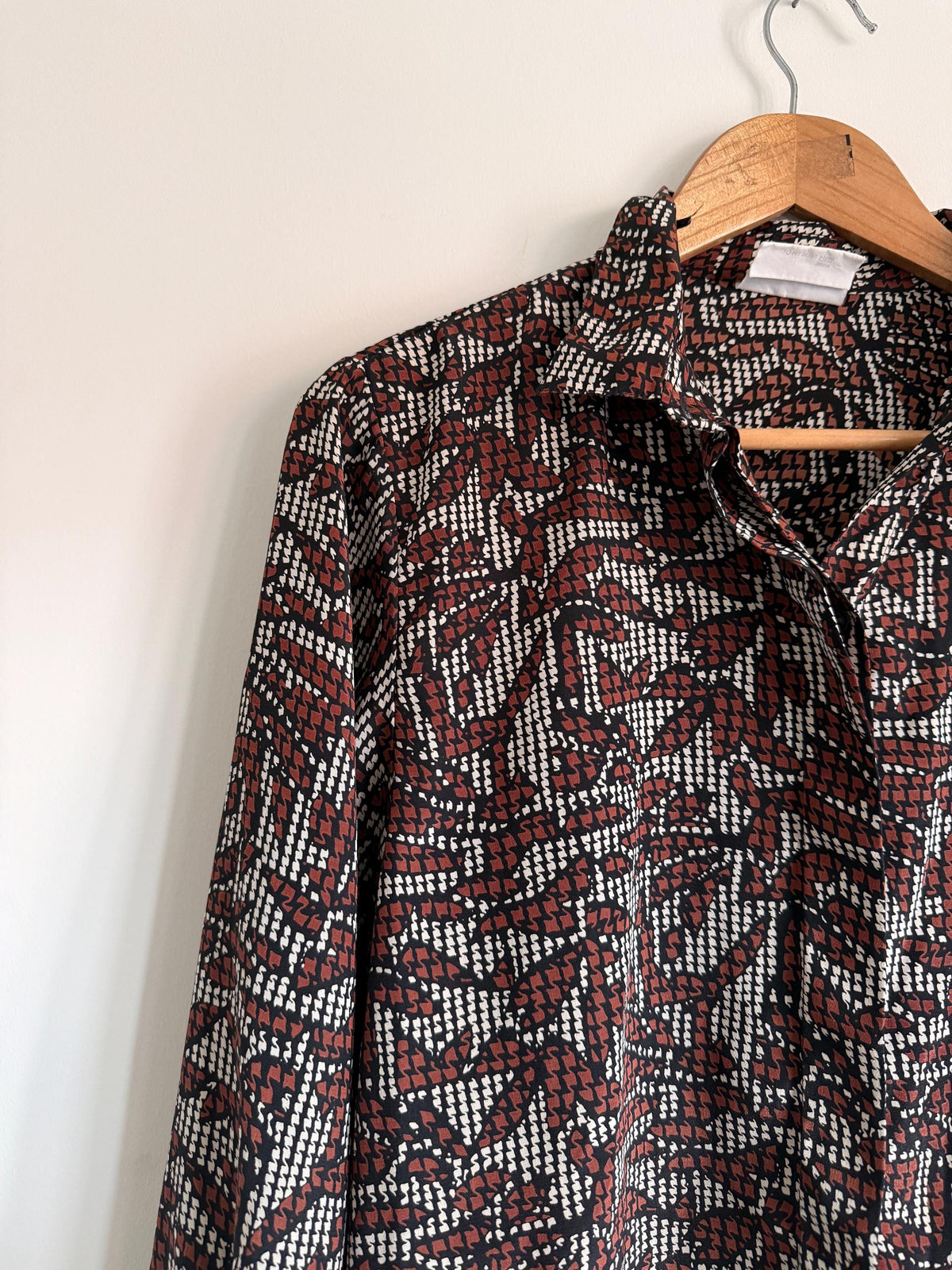 Vintage 90s Abstract Print Blouse | Rust Brown Geometric Button Up Top