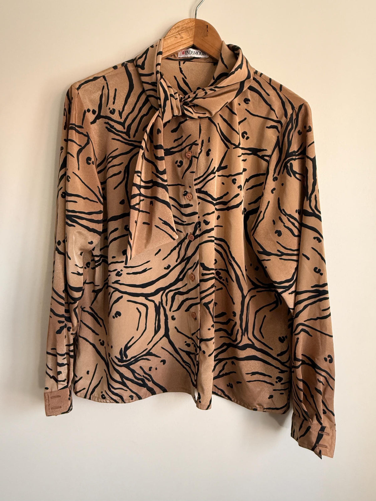 Vintage Windsmoor Abstract Pussy Bow Blouse | 80s Tan & Black Printed Shirt | Secretary Blouse | Long Sleeve Office Top | UK 12-14
